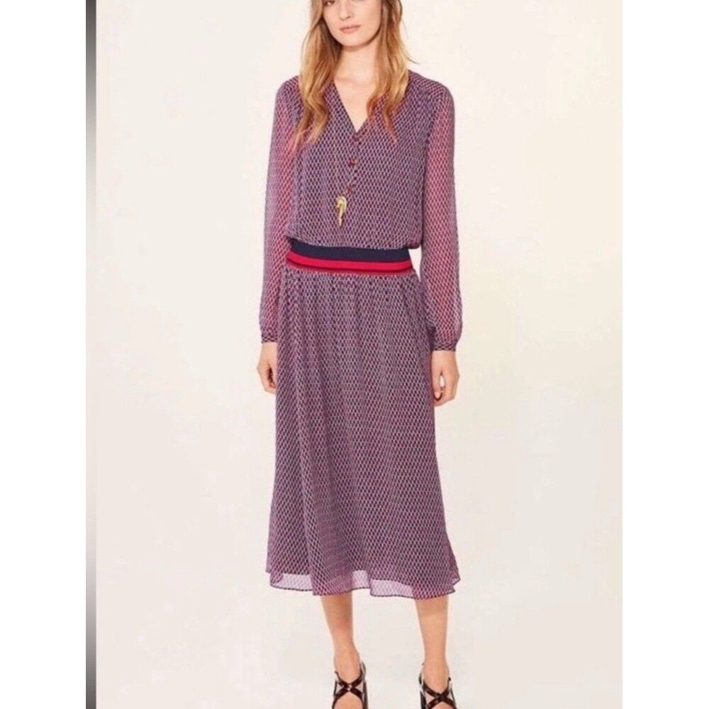 Tory Burch Women’s Mido Dress Blue Red Geometric Silk 12 Midi Career Designer - Picture 2 of 16